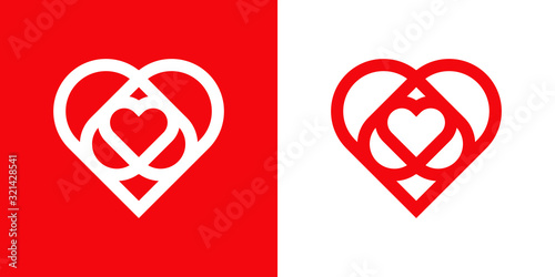 Símbolo de amor eterno. Icono lineal con corazones enlazados en fondo rojo y fondo blanco