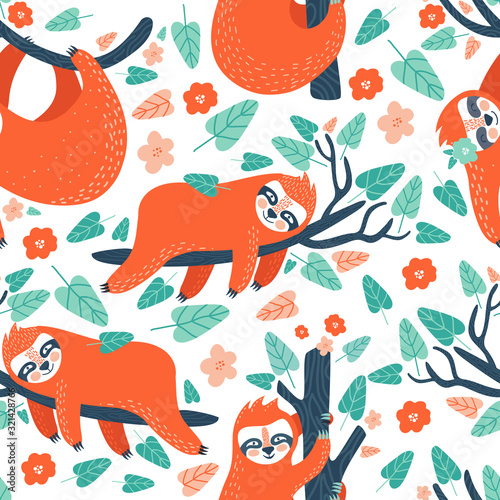 Seamless tropical pattern with funny sloths hanging on the tree. Adorable cartoon animal background. Rainforest set of cute sloths, flowers, leaves. Hand drawn design for fabric in scandinavian style.