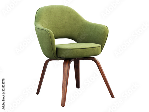 Green fabric chair with wooden legs. 3d render photo