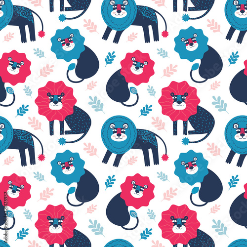 Seamless pattern ute hand drawn lion and tropic plants. Funny cartoon animal. Cute wild cats background. Africa, safari. Scandinavian style flat design. Concept for children print