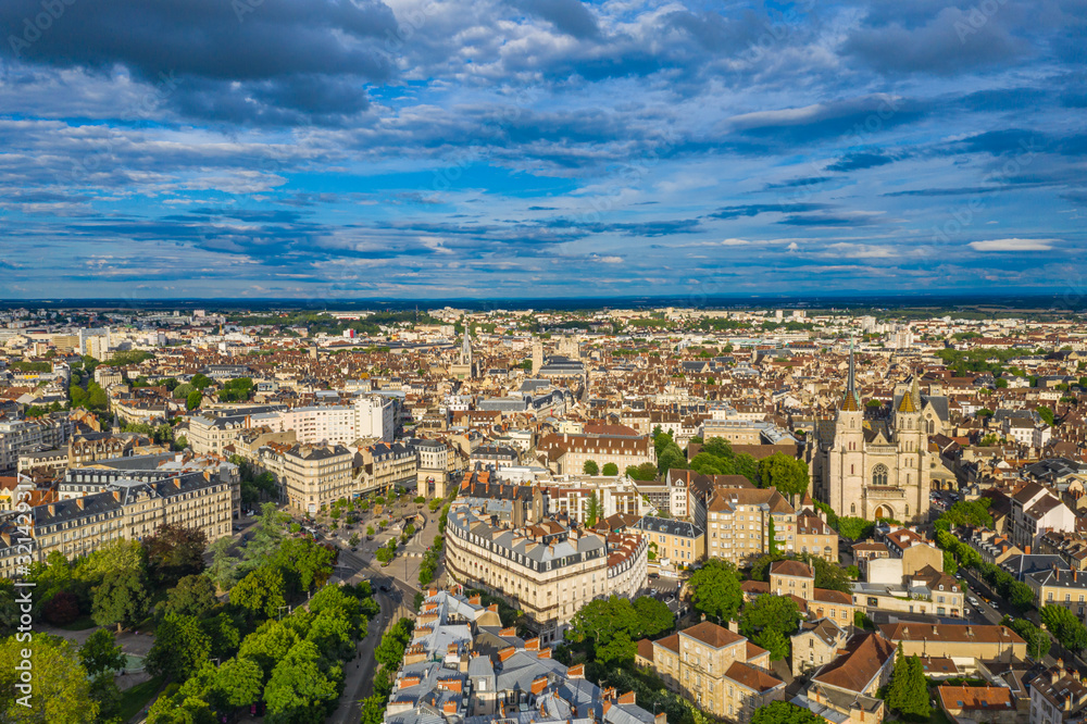Aerial view of Dijon city under summer blue sky