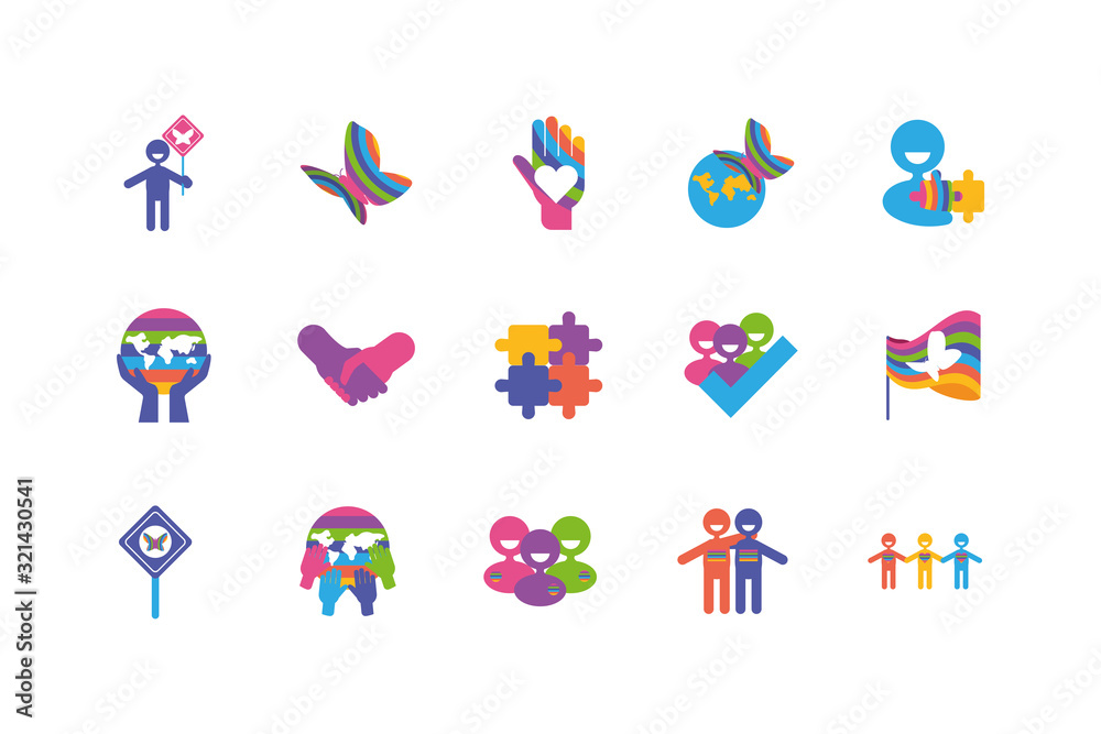 Icon set of zero discrimination day, flat style icons