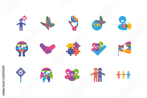 Icon set of zero discrimination day, flat style icons