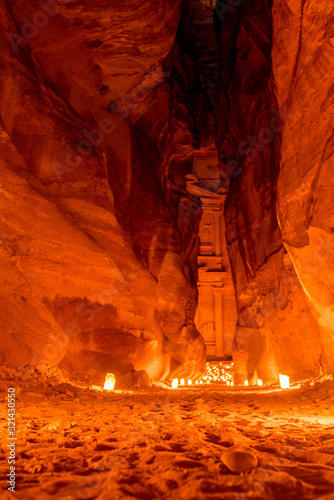 Siq canyon illuminated by candles, Petra, Jordan