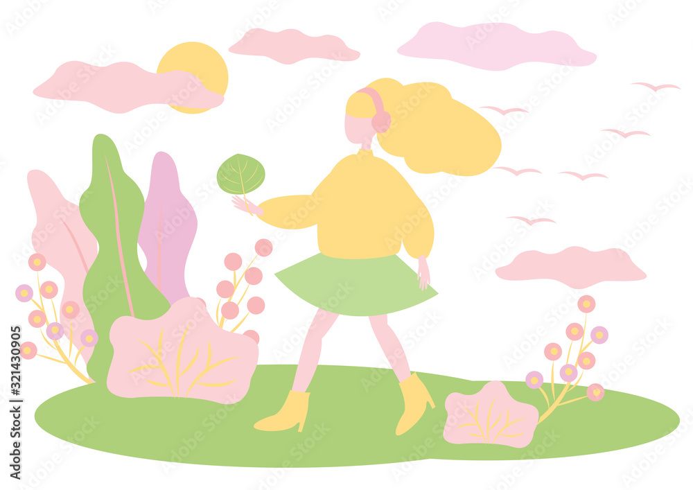 Girl in headphones walks in spring. She holds green leaf in her hands. In the background a landscape with trees. Pastel vector modern flat illustration isolated on white background. Girl in headphones walks in spring. She holds green leaf in her hands. In the background a landscape with trees. Pastel vector modern flat illustration isolated on white background.