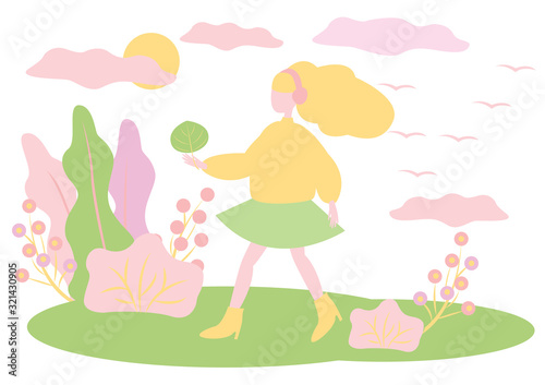 Girl in headphones walks in spring. She holds green leaf in her hands. In the background a landscape with trees. Pastel vector modern flat illustration isolated on white background.