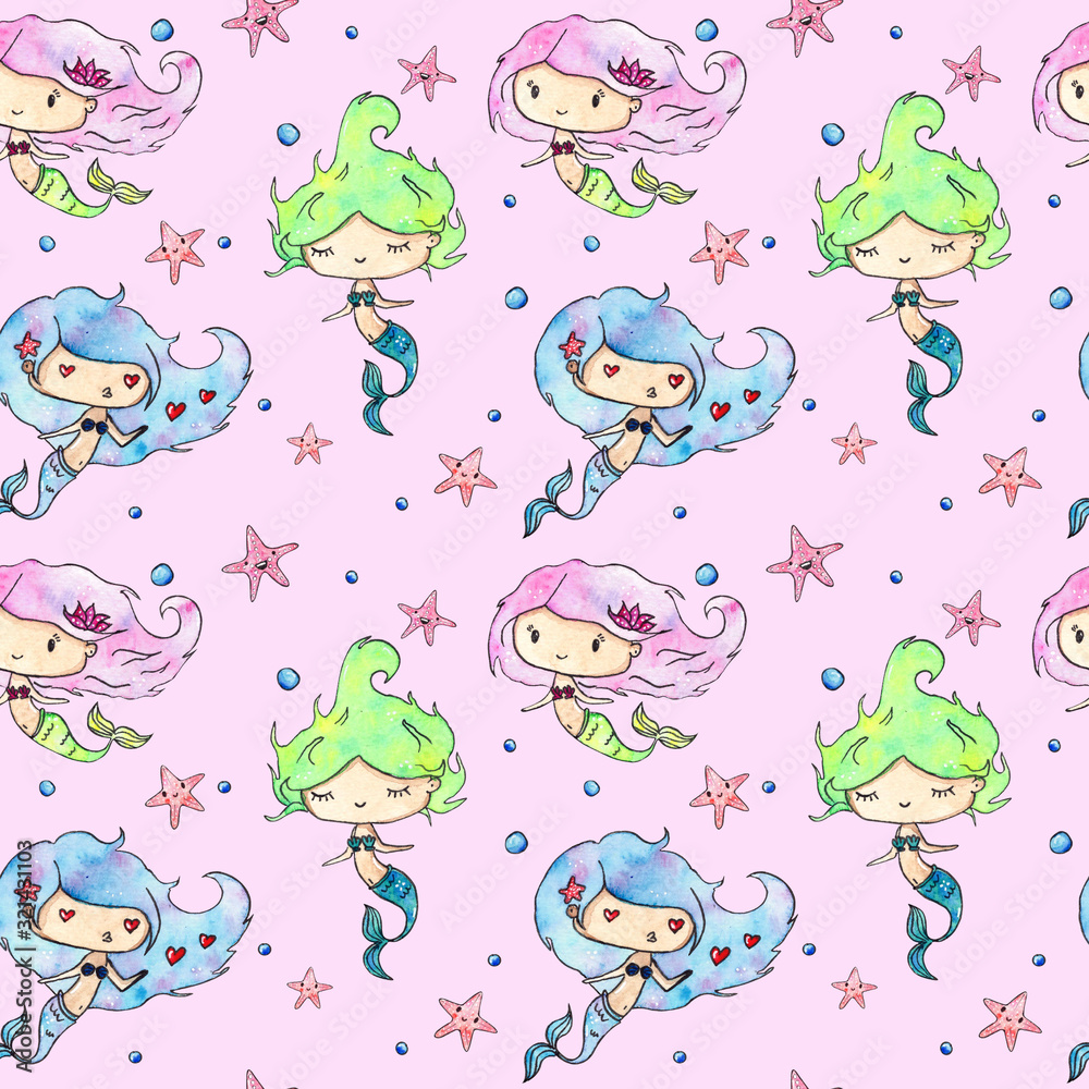 Seamless watercolor ocean cartoon elements pattern on the pink background. Watercolor Mermaids and starfish. Ocean elements. Ocean theme. Under the sea. Seamless watercolor ocean cartoon elements pattern on the pink background. Watercolor Mermaids and starfish. Ocean elements. Ocean theme. Under the sea.