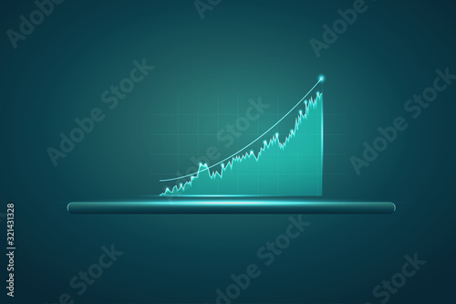 Tablet showing holographic graphs and stock market statistics gain profits. vector illustration