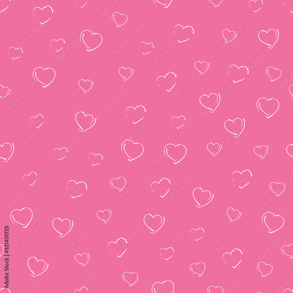 seamless pattern hand-drawn white chalk hearts of different sizes and shapes on a pink background. delicate soft pattern for romantic and kids textiles wrapping card banner fabric