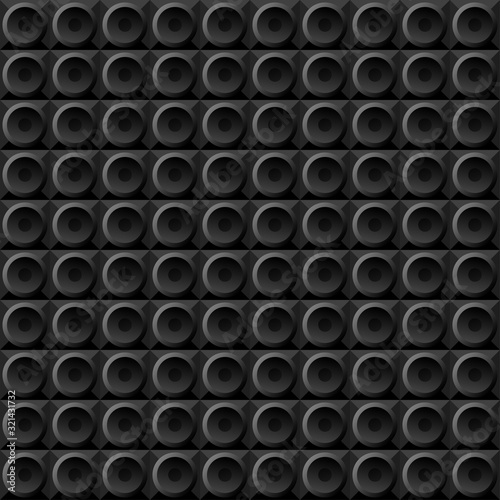 vector geometric seamless pattern black circles on black squares, stylized disco speakers subwoofers. black background on the theme of music house industrial rock metal alternative dubstep.