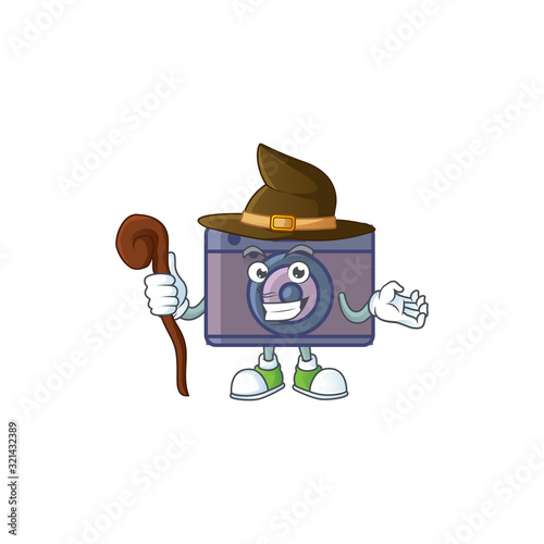 A cute retro camera performed as a witch on the stage