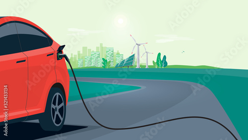 Electric car charging on city street skyline. Vector illustration battery EV vehicle plugged and getting electricity from renewable power generations solar panel, wind turbine. Vehicle being charged.