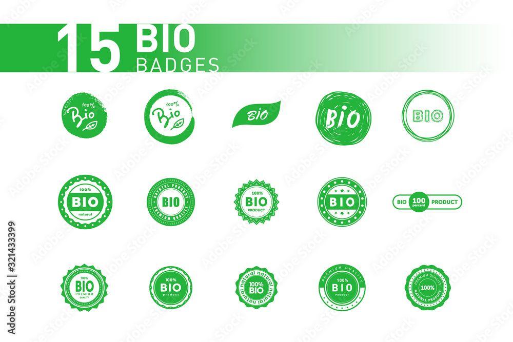 Collection of bio badghes. Design element for packaging design and promotional material. Vector illustration. Collection of bio badghes. Design element for packaging design and promotional material. Vector illustration.