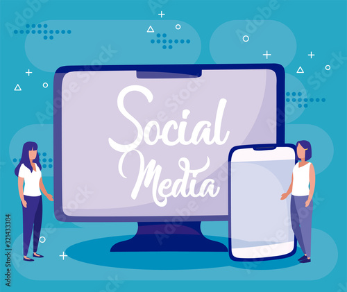 Computer smartphone and women of social media concept vector design