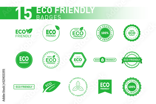 Collection of eco friendly green badges. Design element for packaging design and promotional material. Vector illustration.