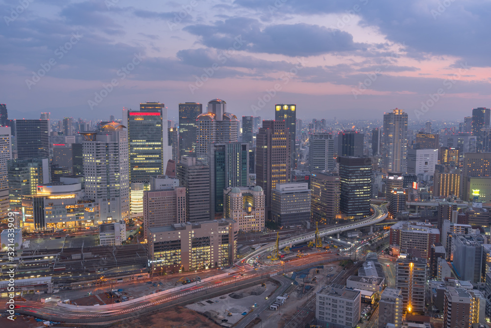 Aerial view of traffic on highway road in Osaka, Japan