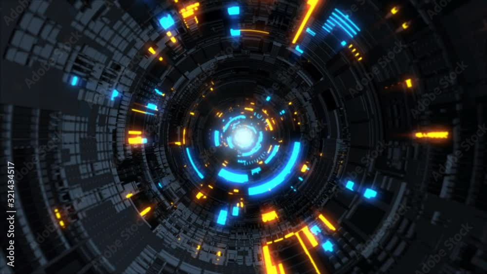 Futuristic Science Fiction Glowing Spaceship Tunnel Fly Through - 4K Seamless Loop Motion Background Animation