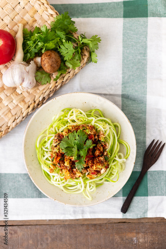 Raw vegan spiralized zucchini noodles with mushroom marinara
