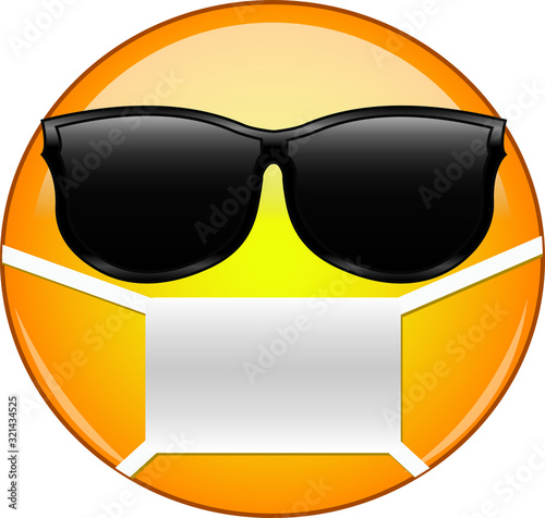 Cool emoticon wearing a mask. Yellow sick emoji wearing sunglasses and medical mask to protect from germs, viruses, air pollution and smog. 