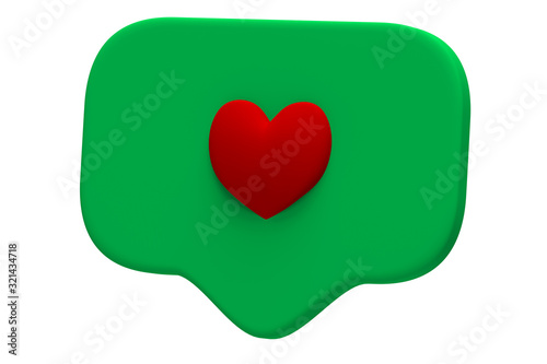 Like red heart icon on a green pin isolated on white background. Social media Like symbol. 3d rendering