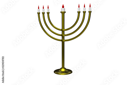 Golden hanukkah menorah with burning candles on white background. 3d rendering.