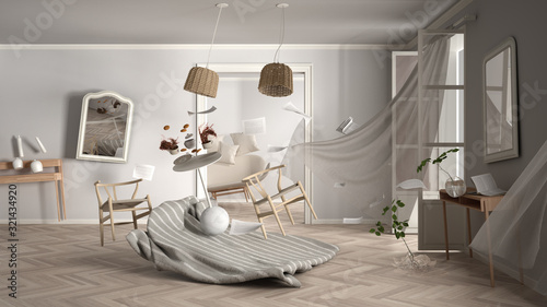 Canvas-taulu Living room, home chaos concept with chairs and table, carpet, windows and curta