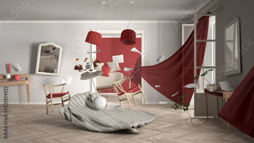 Valokuva White and red living room, home chaos concept with chairs and table, windows and