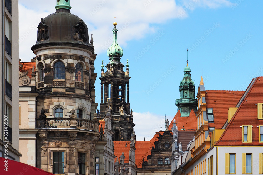 Towers and roofs in Dresden, Germany. Dresden Castle, Residenzschloss. Historic center, Saxony