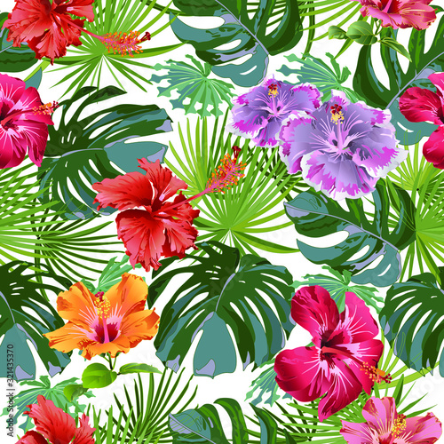 Large leaves of tropical plants with hibiscus flowers. Decorative composition on a white background. Bright picture. Floral motifs. Seamless patterns. Use printed materials  signs  objects.