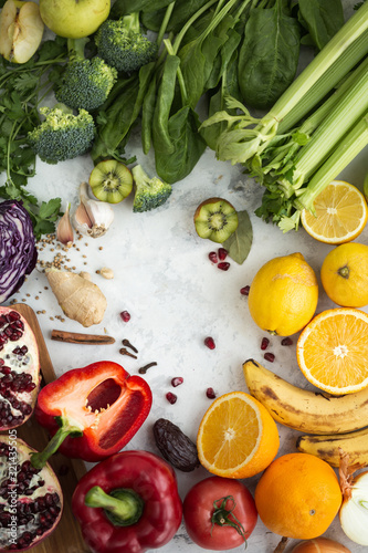 Rainbow vegetables on a gray background