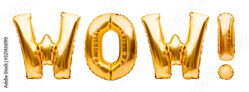 Golden sign WOW made of inflatable balloon isolated on white background. Foil balloon letters, acronym and abbreviation wow.