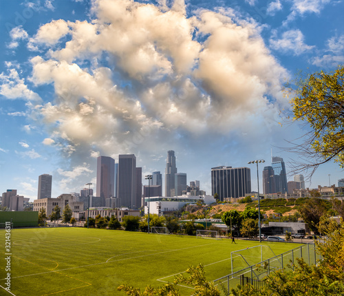 Buildings of Downtown Los Angeles from Vista Hermosa Natural Park, California