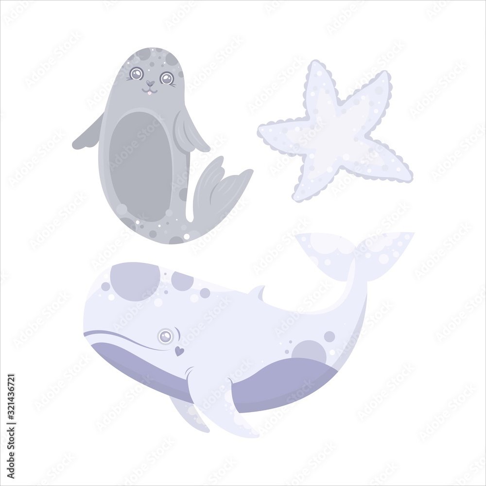 Vector sea animal. Whale, fur seal. starfish. Cartoon illustration of marine life objects for your design. Isolated elements for kids book decoration, postcard, educational game, sticker. Vector sea animal. Whale, fur seal. starfish. Cartoon illustration of marine life objects for your design. Isolated elements for kids book decoration, postcard, educational game, sticker.