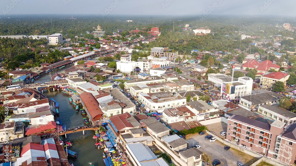 Aerial view of Amphawa Market, famous floating market near Bangkok, Thailand