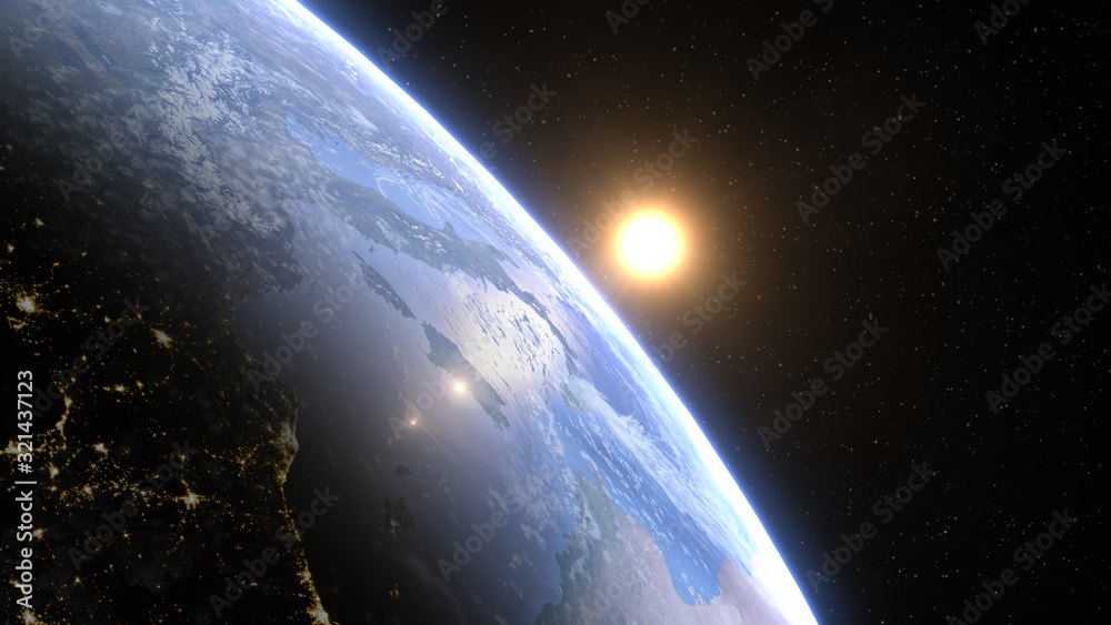 Naklejka premium Beautiful view from space of the Sun rising over Planet Earth. Elements of this 3D illustration were furnished by NASA.