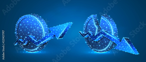 Set of Growth and downtrend arrows on a blank and broken coin. Unstable finance, broken circle, market trend concept. Abstract, polygonal image on blue neon background. Low poly 3d vector illustration