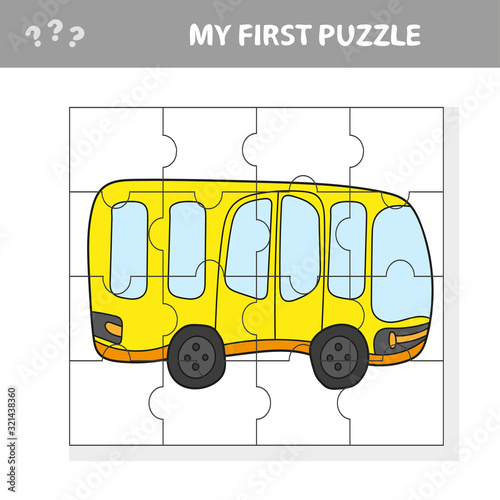 Easy educational paper game for kids. Simple kid puzzle with Toy Bus - My first puzzle