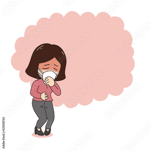 Pollution concept sick woman coughing and wearing protective face mask against smoke on background for design.