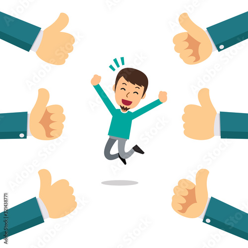 Vector cartoon happy man with many thumbs up hands for design.