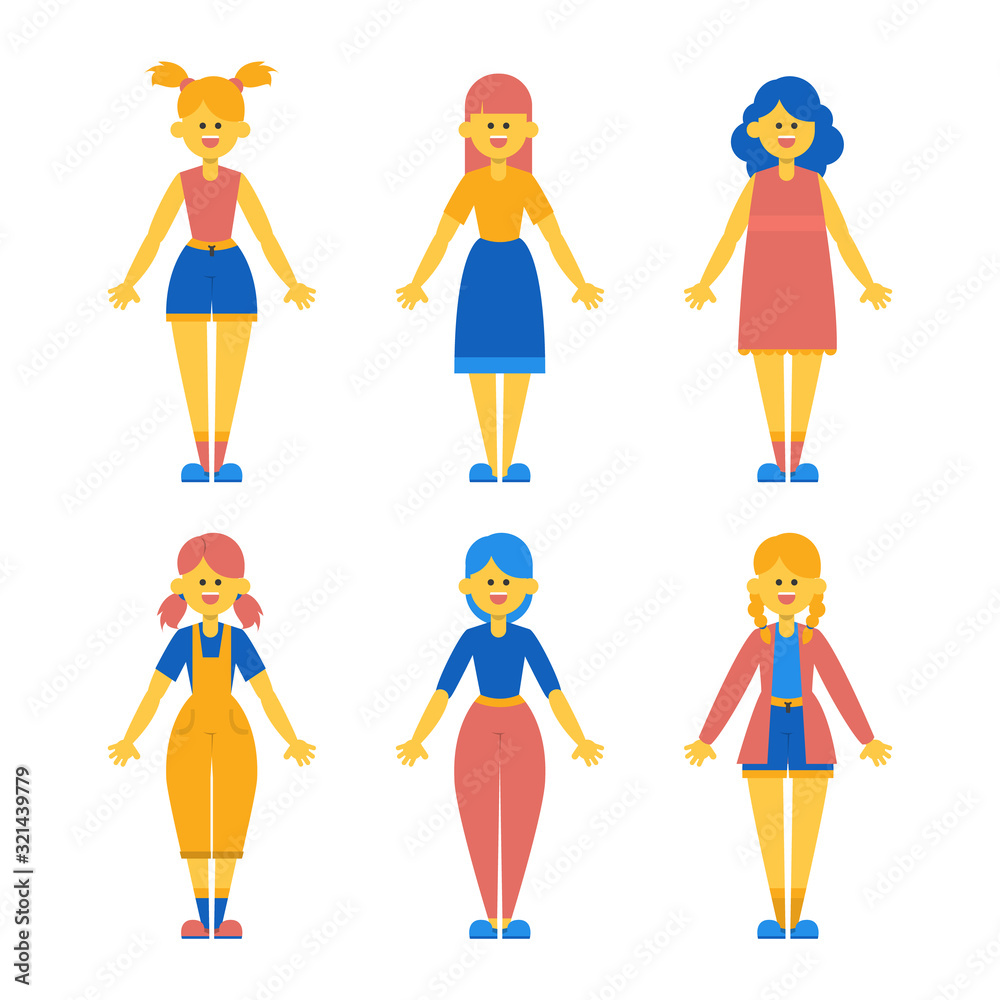 Funny and cute set of girls in different clothes vector isolated