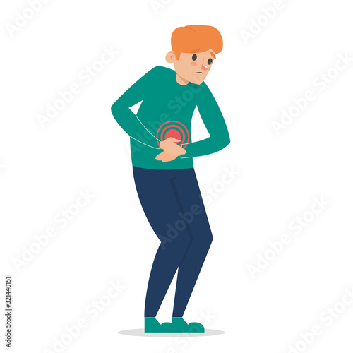 Man feel pain in stomach vector isolated. Young adult
