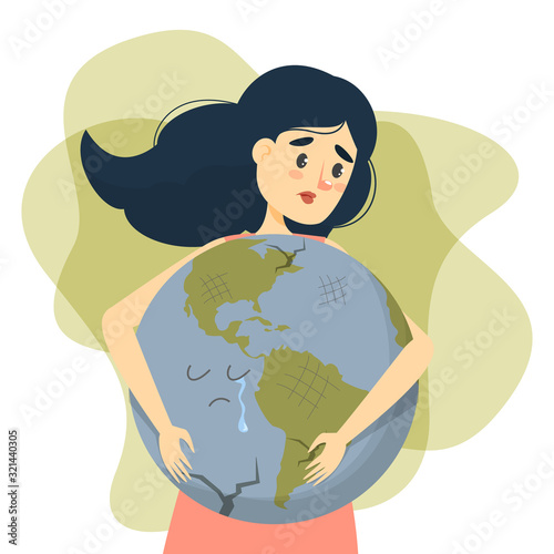 Woman hug earth vector isolated. Save the earth concept.