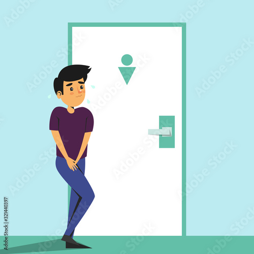 Boy standing at the toilet door and want to pee