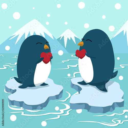 Couple penguin holding heart, Greeting card vector illustration, Valentines Day postcard