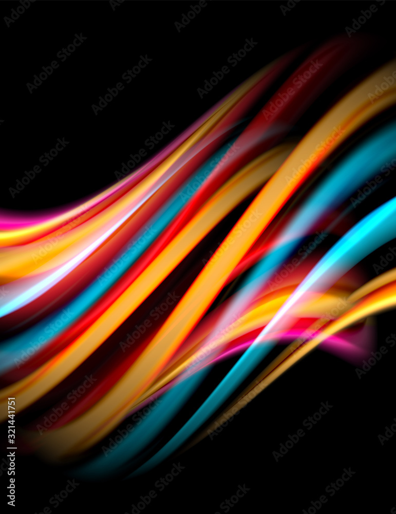 Silk smooth lines on black, liquid fluid color waves. Vector Illustration Silk smooth lines on black, liquid fluid color waves. Vector Illustration