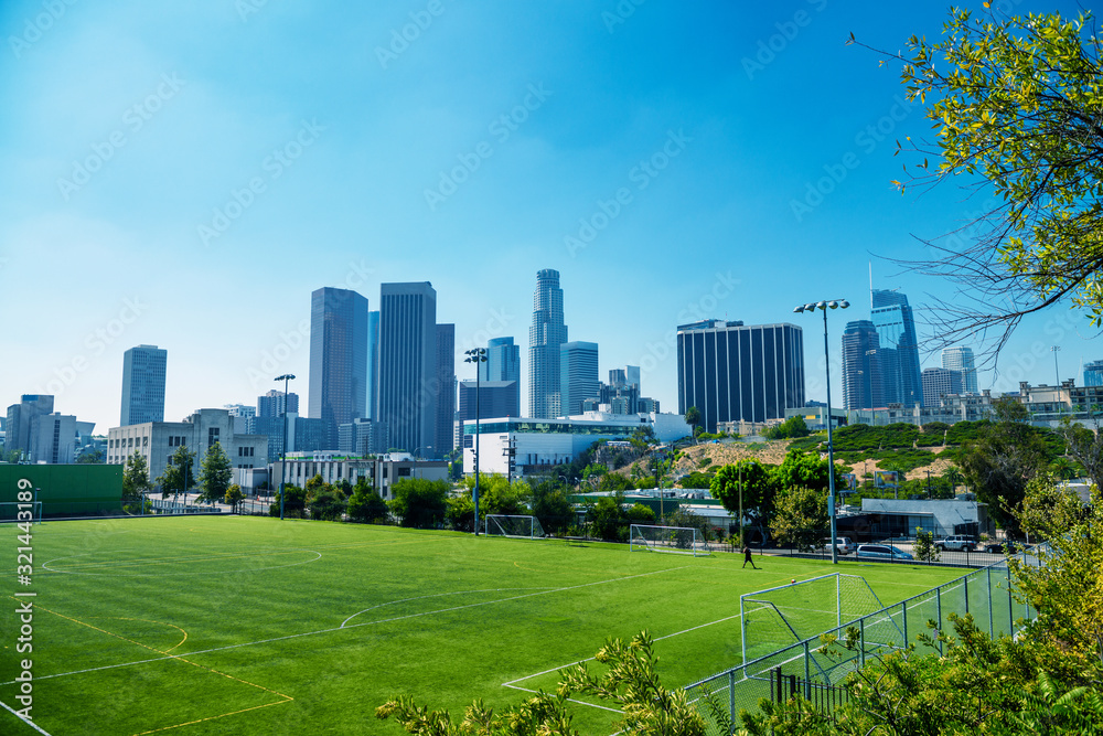 Buildings of Downtown Los Angeles from Vista Hermosa Natural Park, California