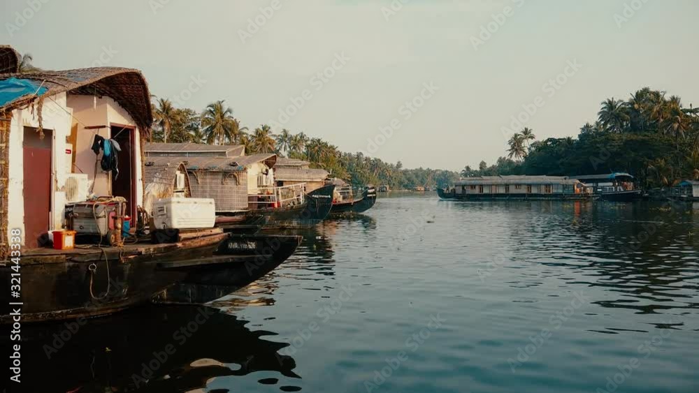 Aerial View of Traditional Indian houseboat near Alleppey on Kerala backwaters Aerial View of Traditional Indian houseboat near Alleppey on Kerala backwaters