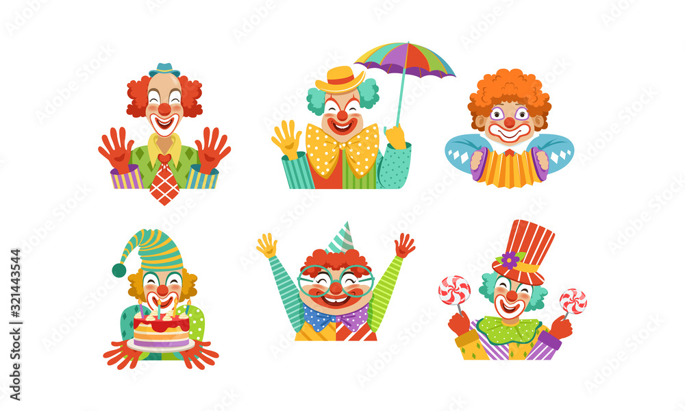 Obraz premium Funny Clowns Collection, Cheerful Circus Cartoon Characters, Birthday or Carnival Party Design Element Vector Illustration