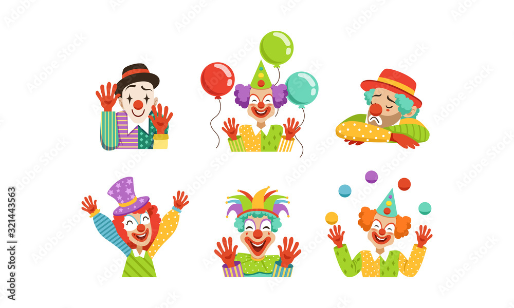 Cute Clowns Collection, Cheerful Circus Cartoon Characters with Funny Faces, Birthday or Carnival Party Design Element Vector Illustration