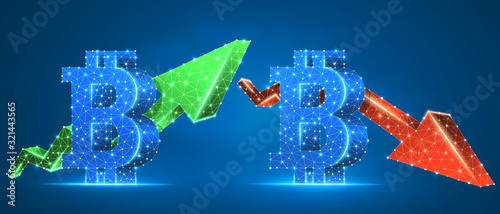 Set of Bitcoin arrows, green growth, and red downtrend. Low poly, wireframe digital 3d vector illustration. Online trading and crypto flow concept. Abstract, polygonal image on blue neon background